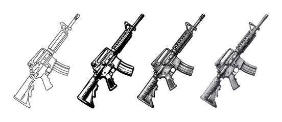 Set of four assault rifle illustrations showcasing various hand-drawn techniques like line art, solid ink, detailed hatching, and stippling dotwork for a graphic effect