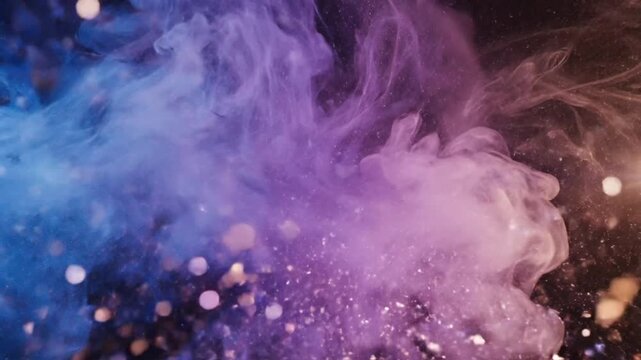 Vibrant purple, blue, and orange smoke swirls with particles against a dark background, creating a dynamic abstract composition.