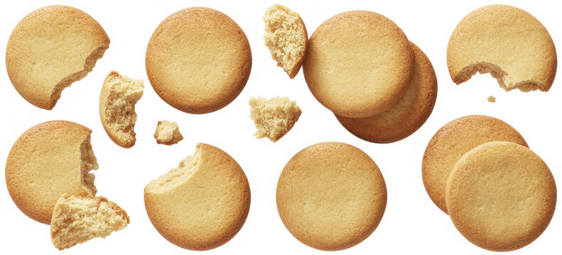 Bite taken out of round light brown cookies on white background