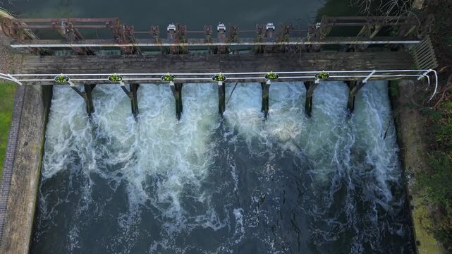 Aerial Top Down View of Newmans Weir on River Lea UK