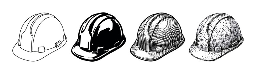Fototapeta premium Set of four construction hard hats illustrated in various black and white graphic styles, including line art, silhouette, engraving, and stippling for safety concepts