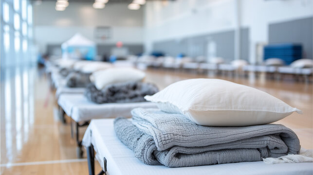 Emergency shelter cots in gym, neatly made with blankets and pillows, orderly rows, soft natural light, sense of care and calm, high detail