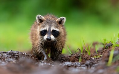 Obraz premium Raccoon Wandering in Muddy Environment During Rainy Stormy Weather