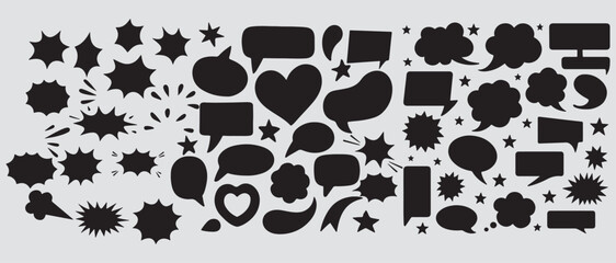 Fototapeta premium The image features a collection of black silhouettes representing various comic-style speech bubbles and dialogue boxes. speech bubble comic
