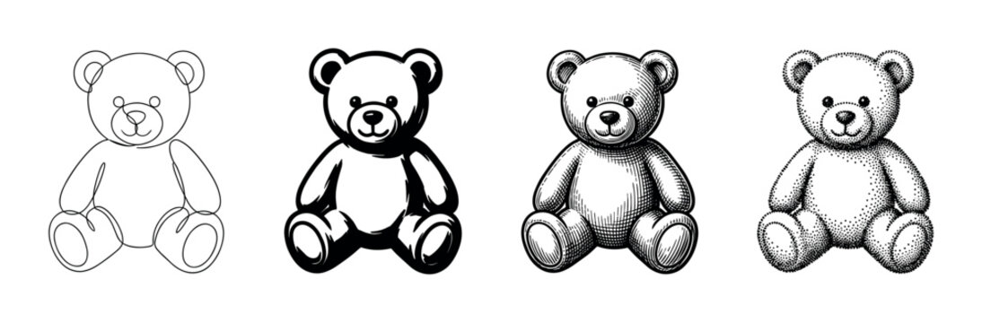 Four black and white teddy bear illustrations in different artistic styles, including continuous line art, bold silhouette, classic engraving, and stippling for a graphic set