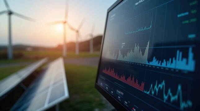 Digital monitor shows graphs and charts near solar panels and wind turbines. Renewable energy plant data analysis and green tech concept. Sustainable future, clean electricity management system