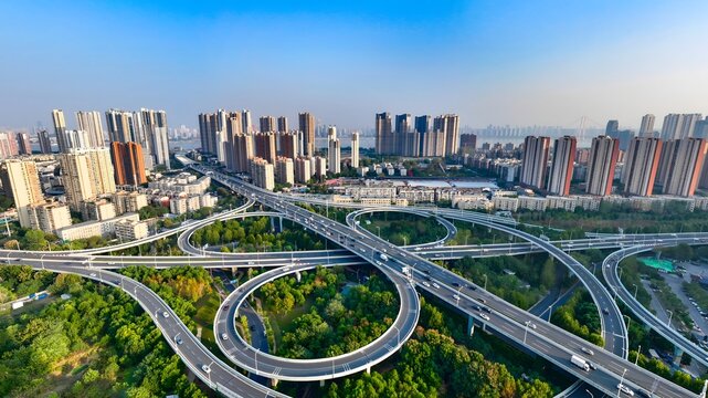 Wuhan Guobo Overpass Aerial Panorama with Modern Skyline