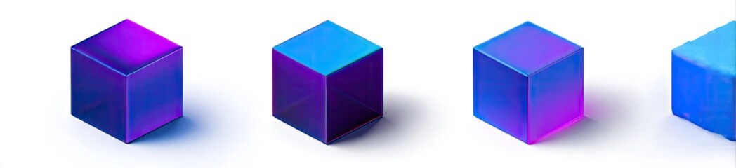 Fototapeta premium Four isometric, gradient-colored cubes with shadows, transitioning from purple to blue