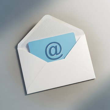 White Envelope with Blue Email Symbol Card Inside, Modern Mail Concept with @ Sign