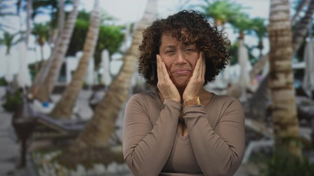 Middle aged hispanic woman covers face with hands in forest wearing brown top; despair exhaustion solitude.