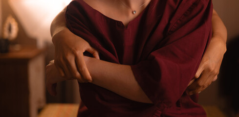 Relaxing thai massage session with close embrace, passive yoga for hand