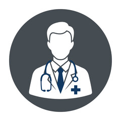 Fototapeta premium Silhouette of a professional male doctor wearing a white coat and tie with a stethoscope and medical cross symbol on a dark circular background
