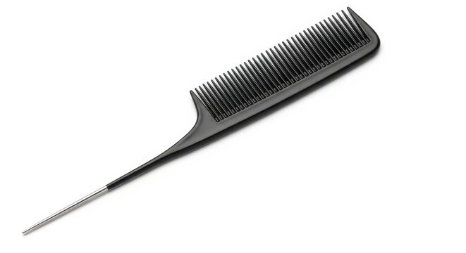 Black rat tail comb for hair styling and teasing with metal pin on white background