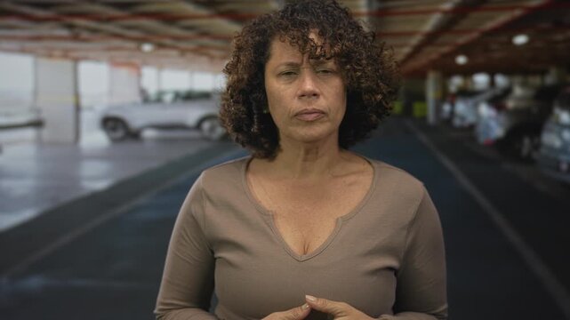 Middle aged hispanic woman coughing mouth covered with fist in indoor parking building under fluorescent lights; discomfort.