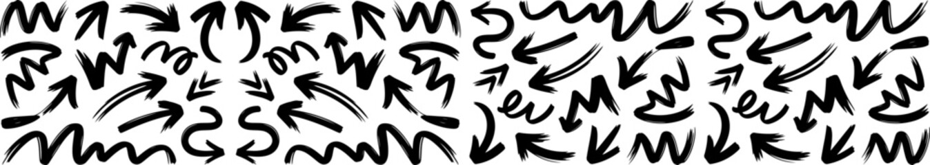 Fototapeta premium Hand Drawn Brush Arrow Set - Grunge Sketch Directional Symbol Collection Vector
