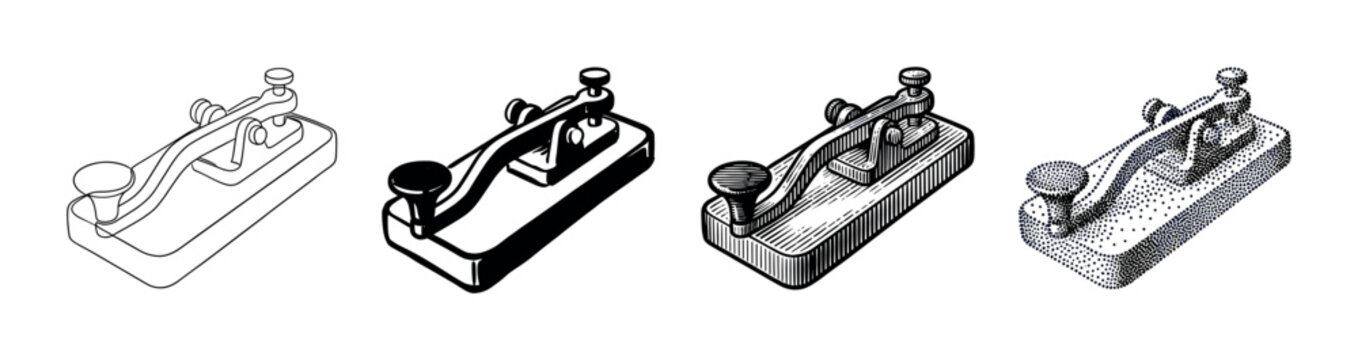 Four vintage telegraph key illustrations in different artistic styles including line art, high contrast, engraving, and stippling, showing a classic communication device