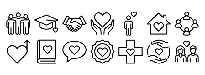 Fototapeta premium Love and Care Icon Set: People Group, Graduation Cap, Handshake, Hands Holding Heart, Man and Heart, House with Heart, Group, Heart Arrow, Book, Speech Bubble Heart, Heart Badge, Cross Heart, Hands, C
