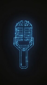 Blue holographic animated microphone icon with glowing digital lines on a black background