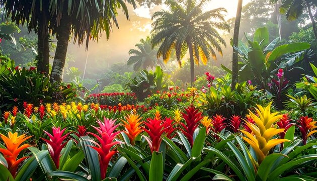 Vibrant bromeliads in a lush tropical garden at sunrise.