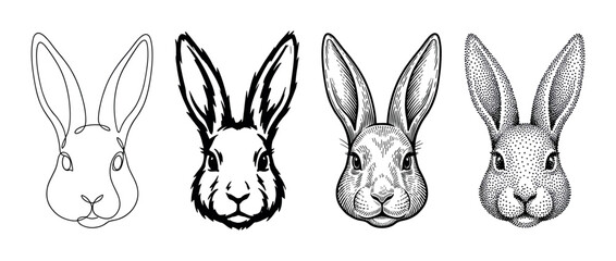 Obraz premium Four rabbit head illustrations in different artistic styles including continuous line art, ink sketch, engraving, and stippling, showing a progression of detail and technique