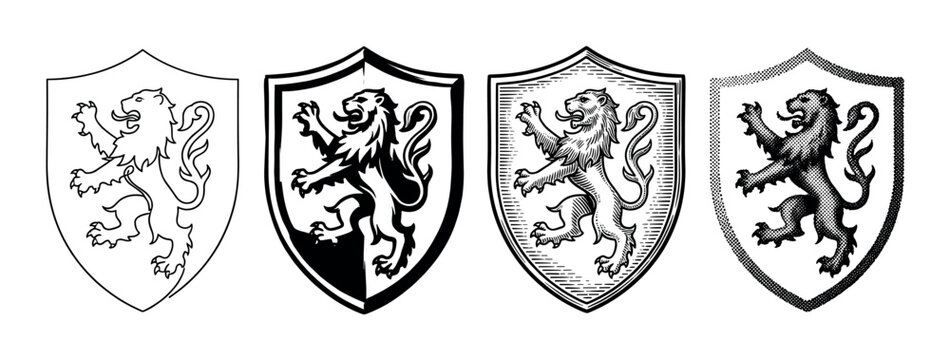 Four heraldic shields with a lion rampant shown in a set of different graphic styles, including line art, solid black, engraved hatching, and halftone dot patterns