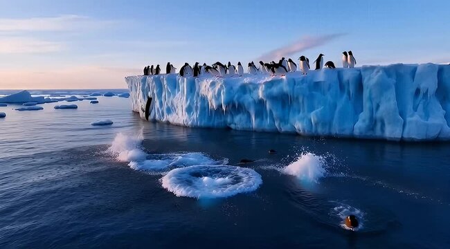 Gentoo penguins jump from glacier into blue ocean at sunset with other icebergs