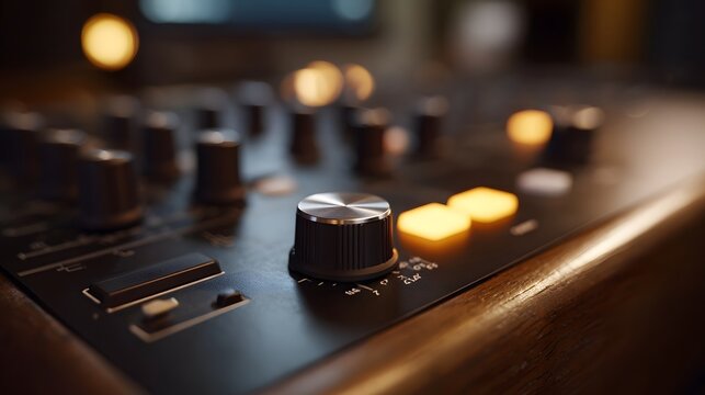 Detailed view of a sleek audio control panel featuring illuminated buttons and metallic knobs in warm lighting