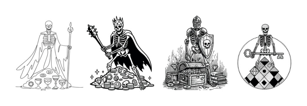 Four black and white fantasy skeleton illustrations in a hand-drawn graphic style featuring a lich, a king with a mace, a knight, and a mystic holding a key