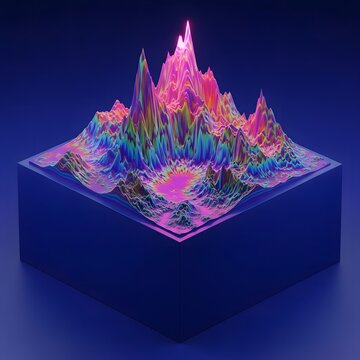3D Abstract Data Visualization: Vibrant Neon Mountain Landscape with Glowing Peak