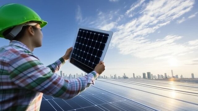 Solar Engineer's Gaze: An engineer, clad in a hardhat, examines a solar panel under a bright sky, symbolizing the pursuit of clean energy solutions.