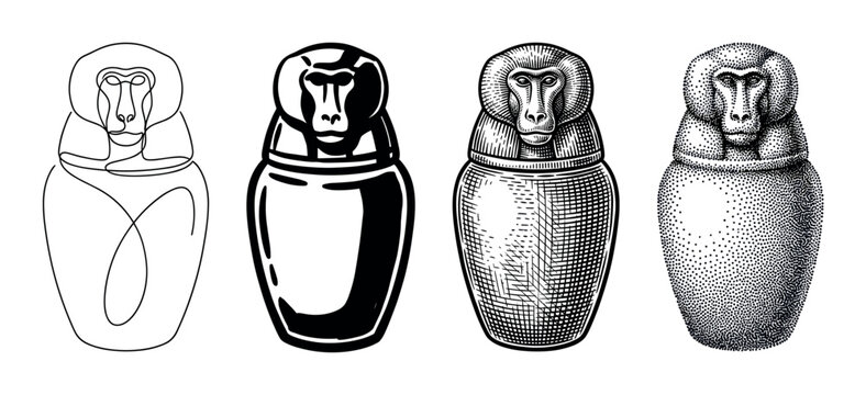 Four ancient Egyptian canopic jars with baboon head lids are displayed in a set of different artistic styles, from continuous line art to engraving and stippling