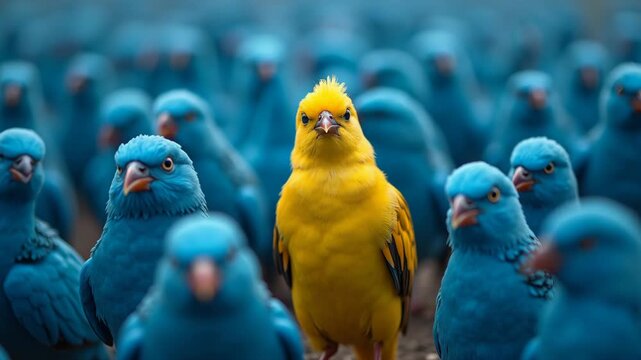 Vibrant yellow bird standing prominently amidst many identical blue avian creatures representing leadership individuality uniqueness and courage in a repetitive monochrome avian flock. 