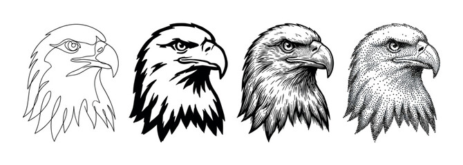 Four eagle head illustrations in different artistic styles showing a progression from simple line art to complex stippling, including graphic stencil and detailed engraving