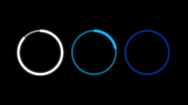 Three glowing neon loading rings in cyan, purple, and pink on black background progress circles.4K 