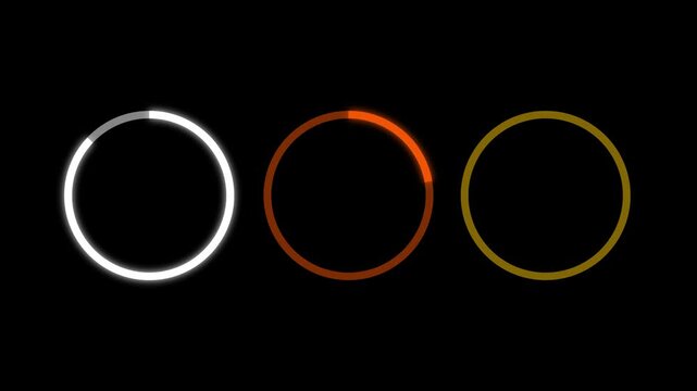 Three glowing neon loading rings in cyan, purple, and pink on black background progress circles.4K 