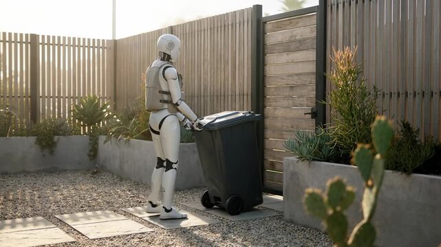 Robot Helper in Home Pulling a Gray Trash Can Out of a Modern Backyard on a Sunny Day with Wooden Fences and Green Plants