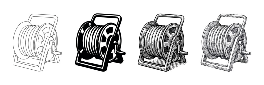 Four garden hose reel illustrations presented in different artistic styles including line art, solid silhouette, vintage engraving, and detailed stippling for various design uses
