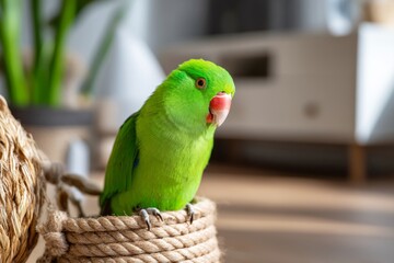 Colorful Parrot Perched on Decorative Basket in Stylish Interior Setting
