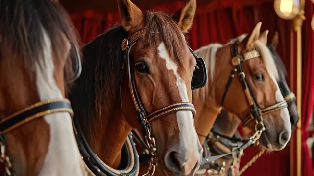 Majestic parade of regal horses in ornate harnesses at equestrian event