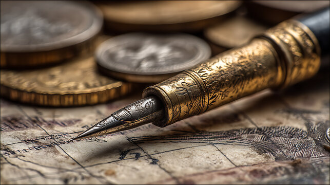 A close-up view of a pen resting beside a collection of assorted coins.