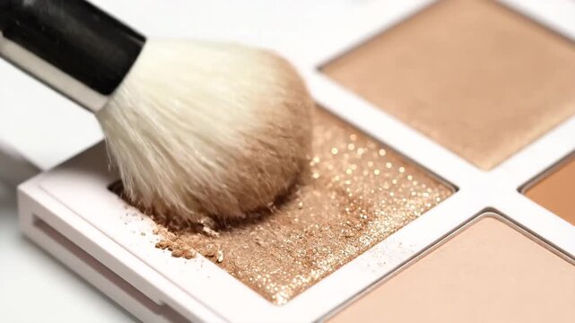 Close-up of a makeup brush picking up gold glitter eyeshadow from a palette. Macro shot of cosmetics texture and beauty routine. Professional makeup application concept