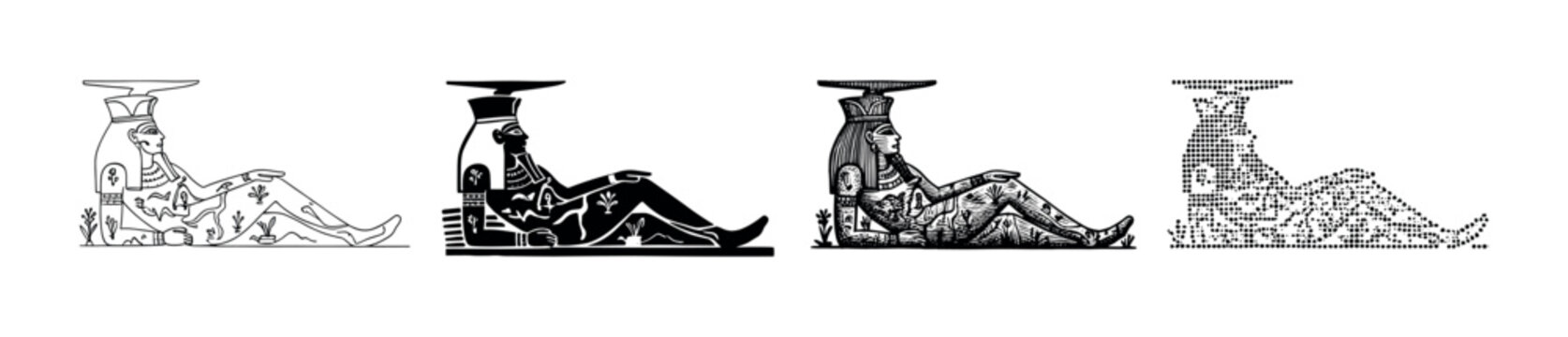Set of four Egyptian god illustrations in different graphic styles including line art, silhouette, engraving, and halftone, depicting a reclining male deity from ancient mythology