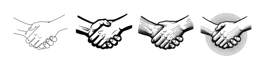 Obraz premium Four black and white handshake illustrations showing a progression of artistic styles from simple line art to detailed engraving with hatching and stippling for a vintage feel