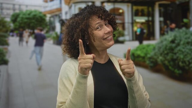 Woman pointing fingers toward camera on bustling sunlit city street with shops and greenery; confidence.