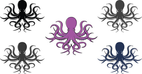 Colorful octopus silhouette vector collection with purple blue black grey variations isolated on white background marine sea creature mascot logo © MDGOLAP