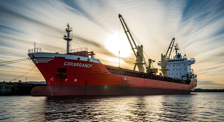 Fototapeta premium Large red cargo ship transporting goods at sunset with cranes on calm sea industrial maritime trade logistics
