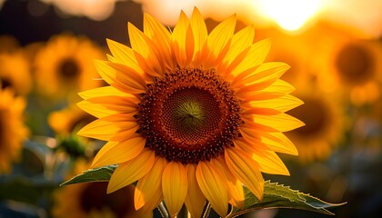 Obraz premium Radiant Sunflower Field at Sunset - A Golden Floral Symphony.