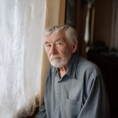 Elderly caucasian male portrait in natural light by lace curtain