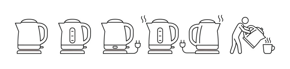 Obraz premium Electric kettle usage instruction icon set shows the step-by-step process of boiling water, from filling and plugging in to pouring hot liquid into a cup