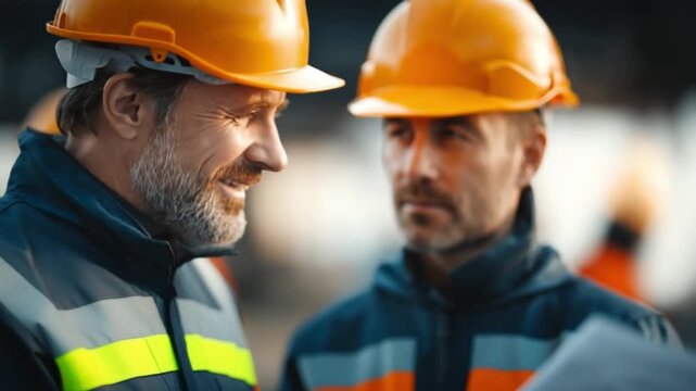 Builders in Conversation: Two construction workers in hard hats, engaged in a focused discussion, embodying the essence of collaborative building and expertise.